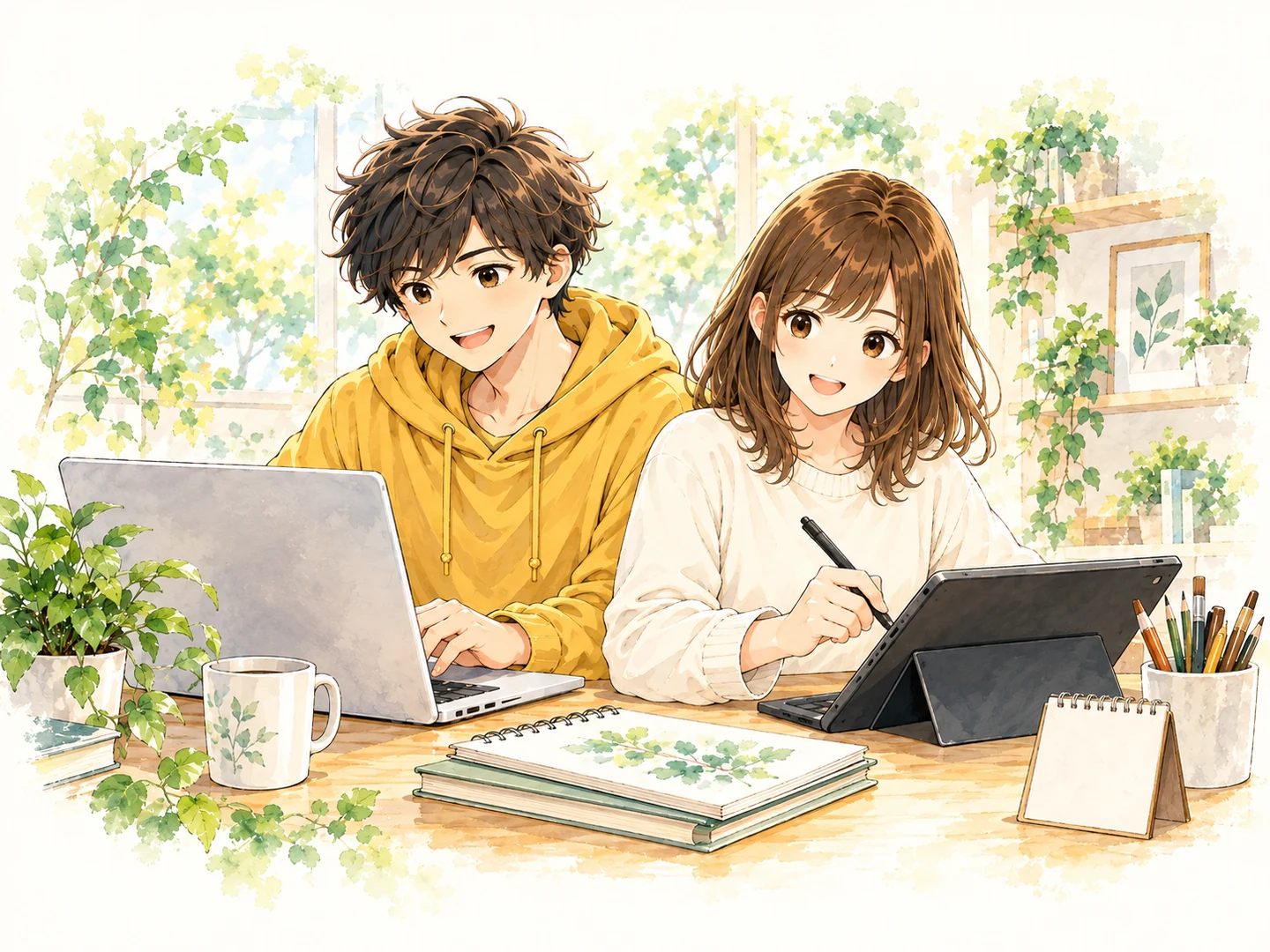 パソコンや制作の仕事に取り組む、黄色いパーカーの男性と白い服の女性の水彩イラスト