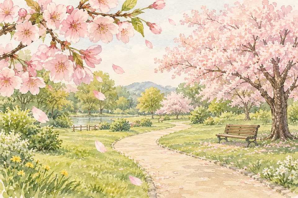 満開の桜と公園の散策路を描いたお花見のイメージイラスト