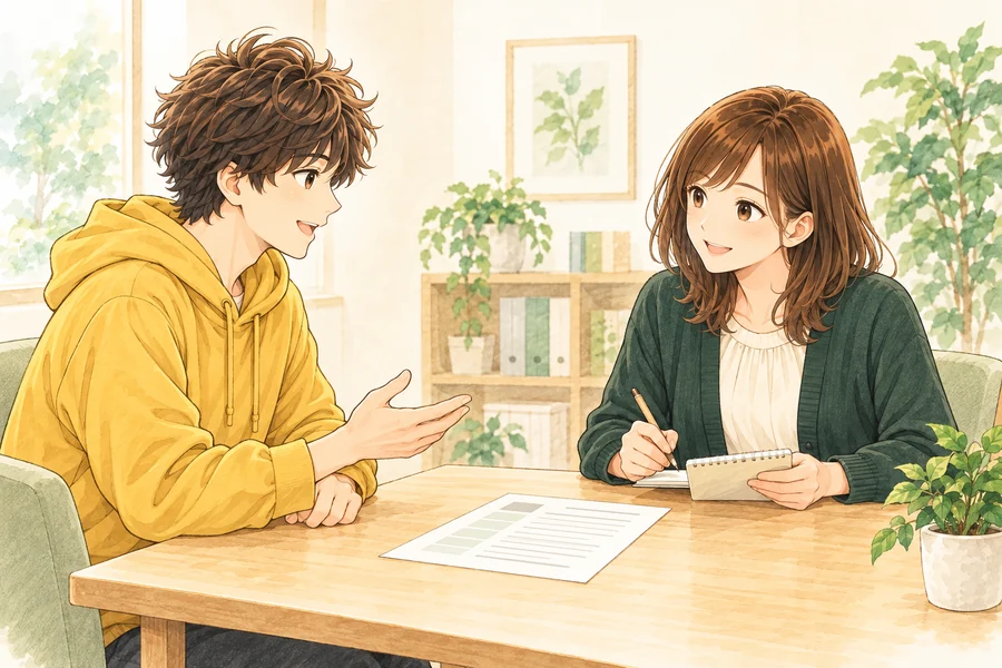 応募書類を見ながら職員と相談する利用者のイメージイラスト