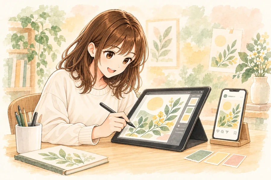 タブレットでSNS投稿の画像を制作する女性キャラクターの水彩イラスト