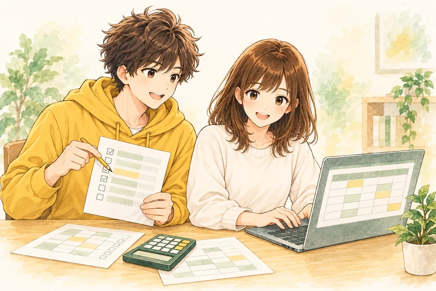 書類を確認しながらデータ入力に取り組む男女キャラクターの水彩イラスト