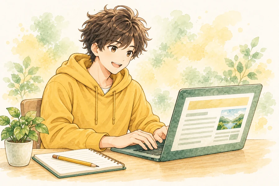 ノートパソコンで記事を制作する男性キャラクターの水彩イラスト
