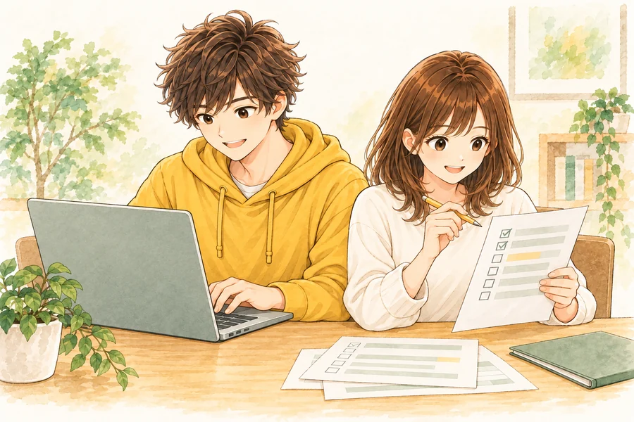 パソコンで案内メッセージを作成し、送信先のリストを照合するキャラクターのイラスト