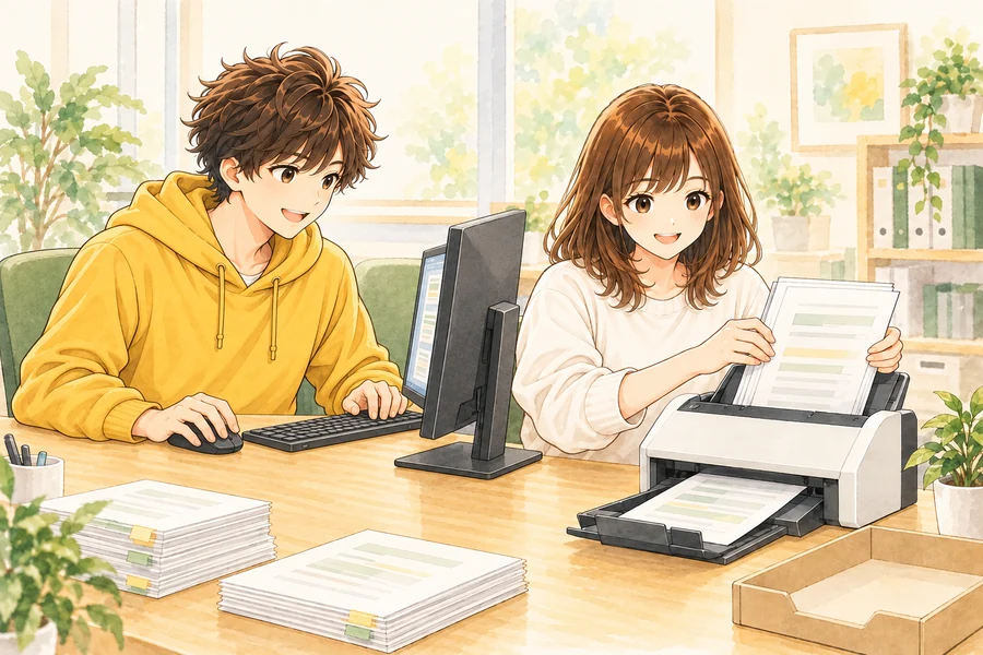 書類をスキャナーにセットし、パソコンで読み取り結果を確認するキャラクターのイラスト