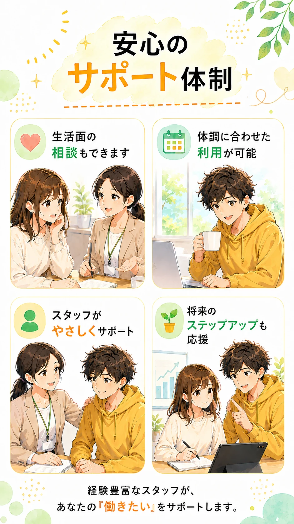 ホプラスが選ばれる3つの理由。週1日・1日2時間から無理なく始められる。WEB・SNS・イラストなど将来につながる仕事がある。工賃アップを目指せるステップがある。